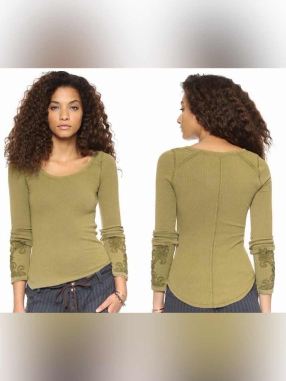 Free People Masquerade Cuff Olive Green Stretch Thermal with Scoop Neck